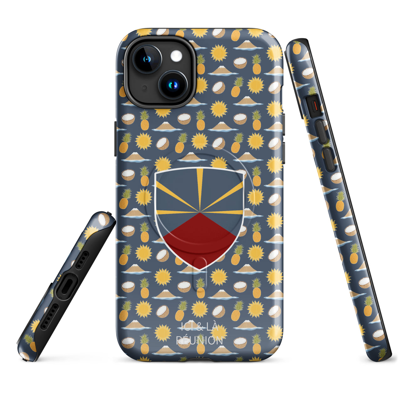 Coque iPhone Réunion matte dos - Blason et motif tropical