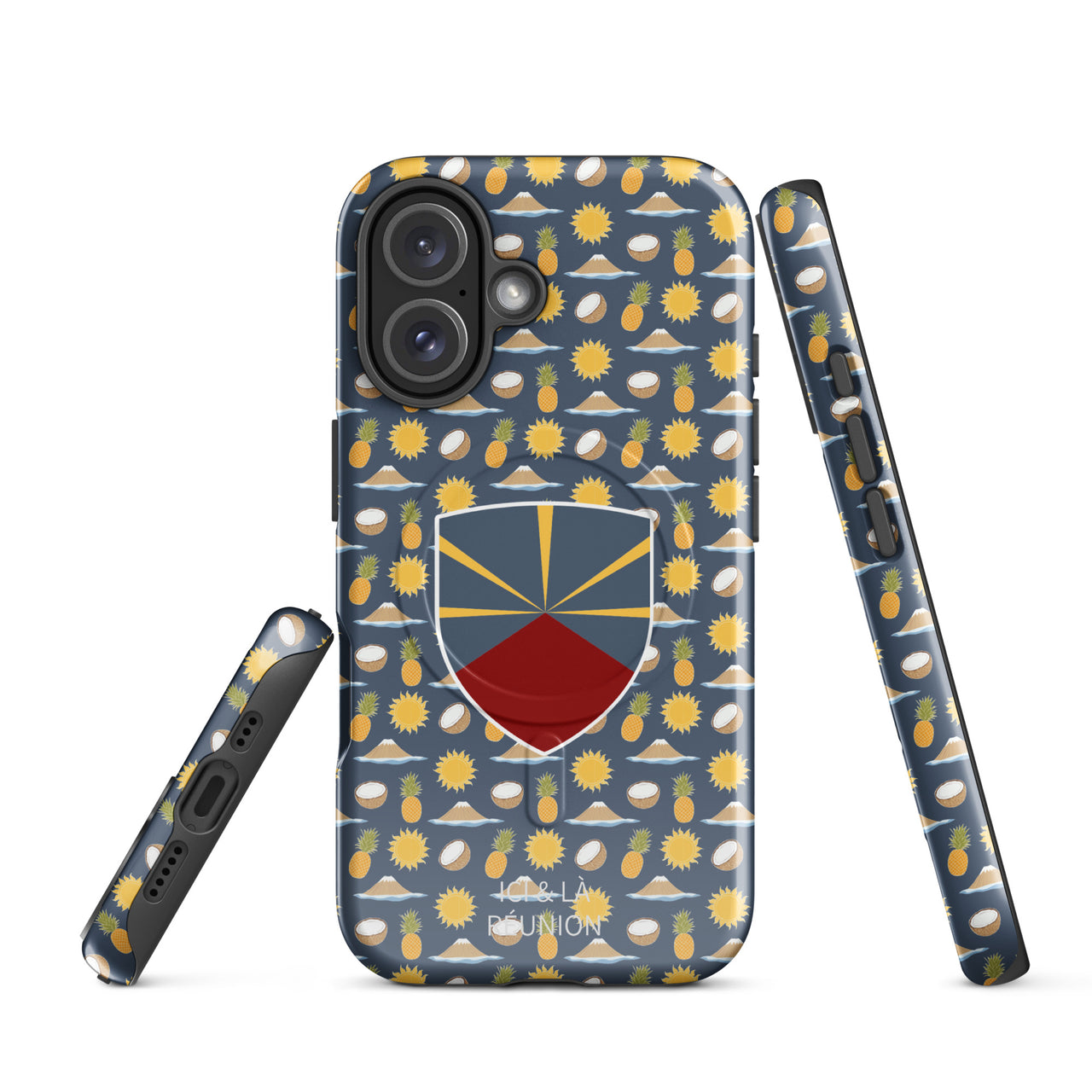 Coque iPhone Réunion matte dos - Blason et motif tropical