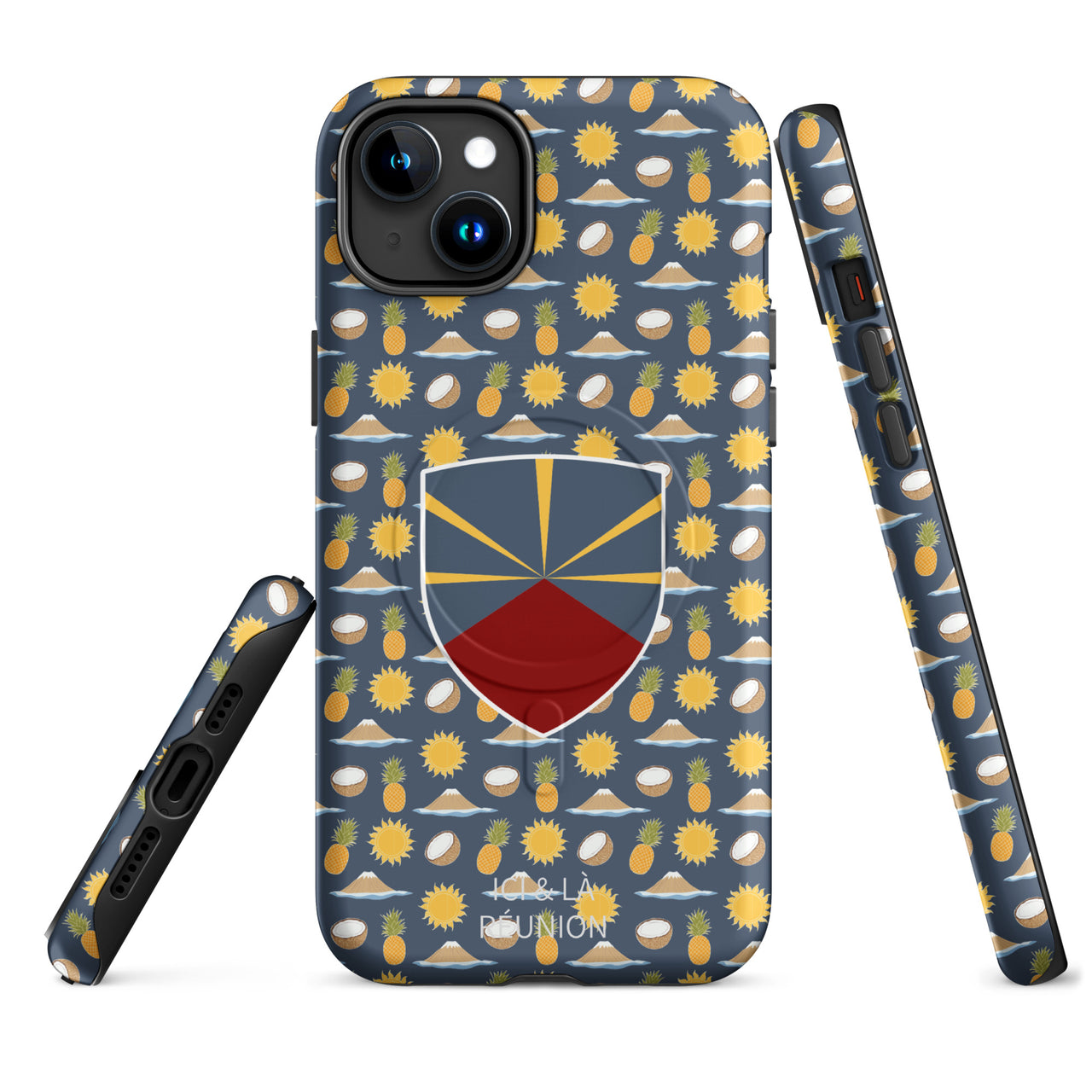 Coque iPhone Réunion matte face - Blason et motif tropical