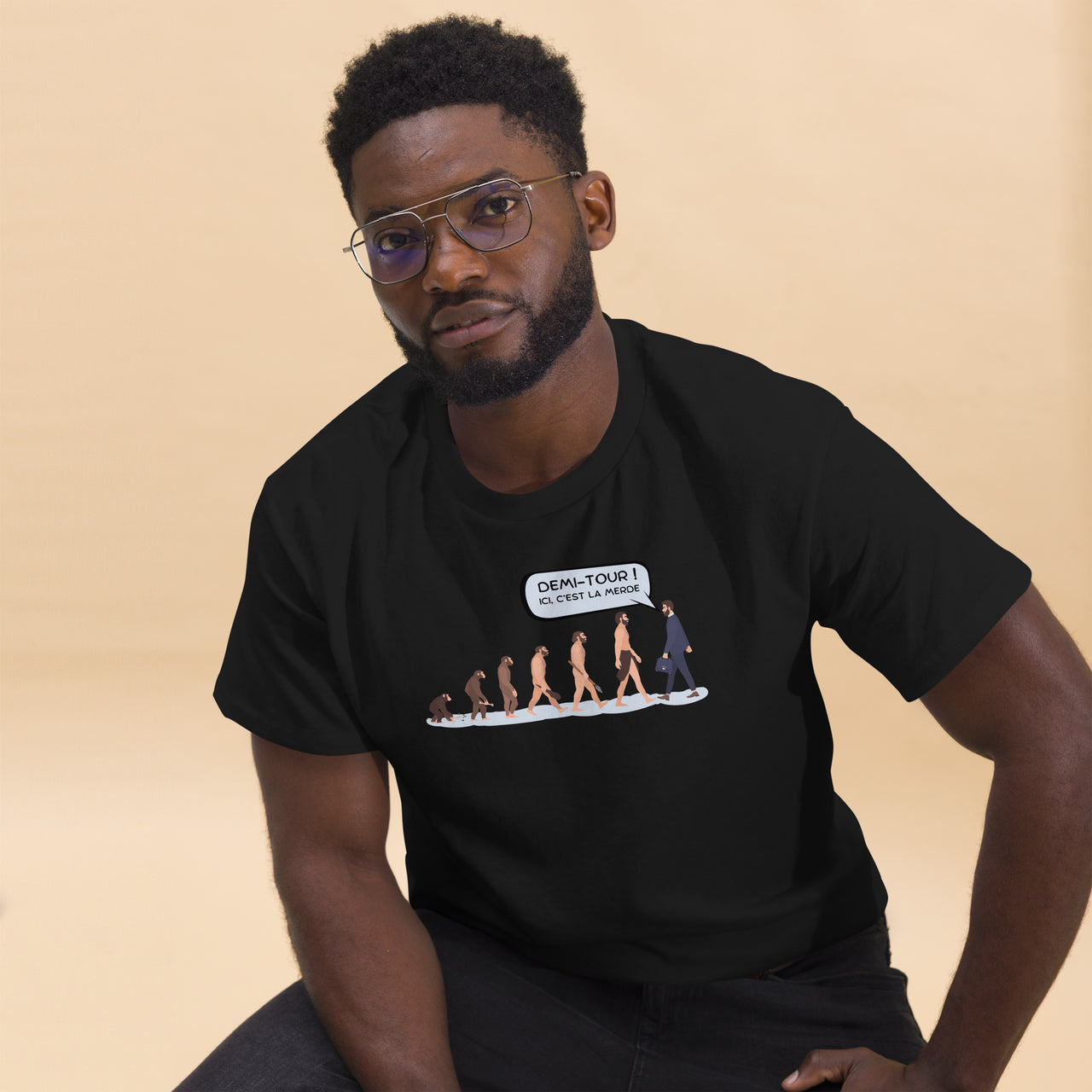 T-shirt humour évolution gris clair - Demi-tour ici c'est la merde