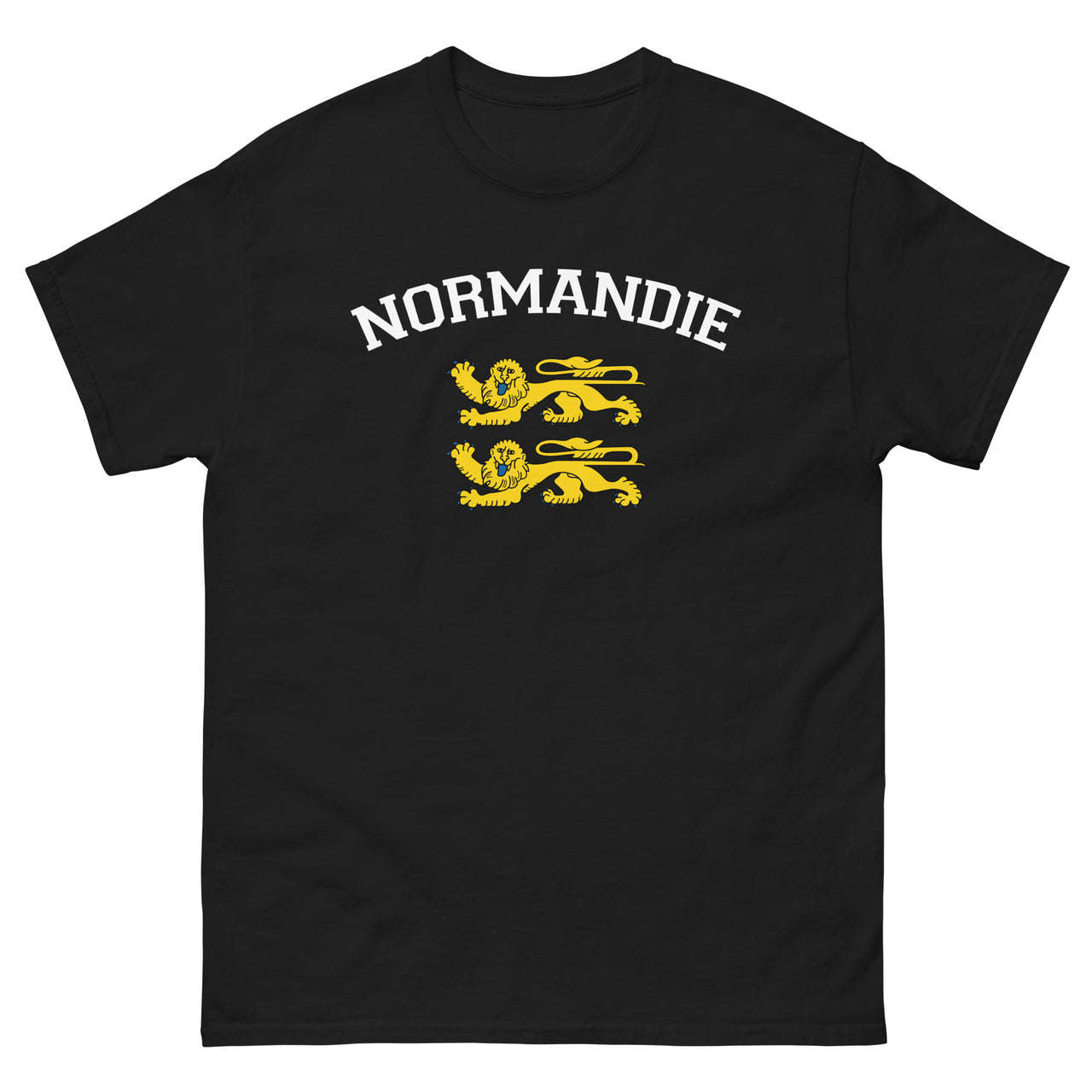T-shirt Normandie bleu marine face - Deux lions léopardés style universitaire