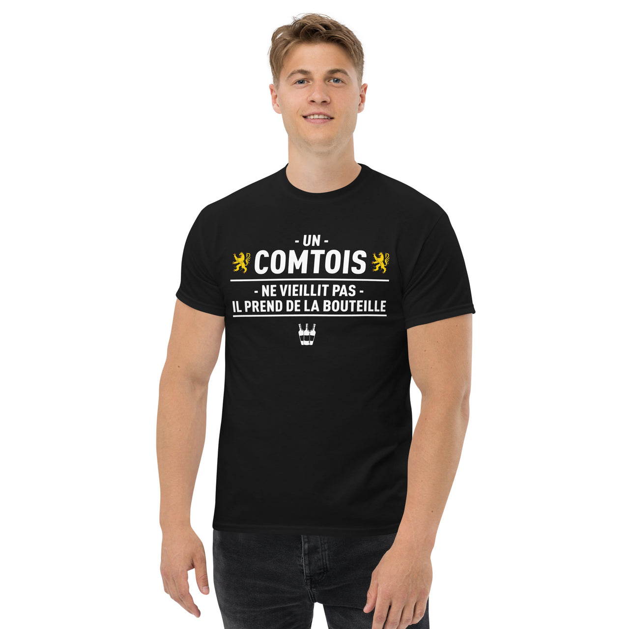 T-shirt Franche-Comté noir - Un comtois prend de la bouteille