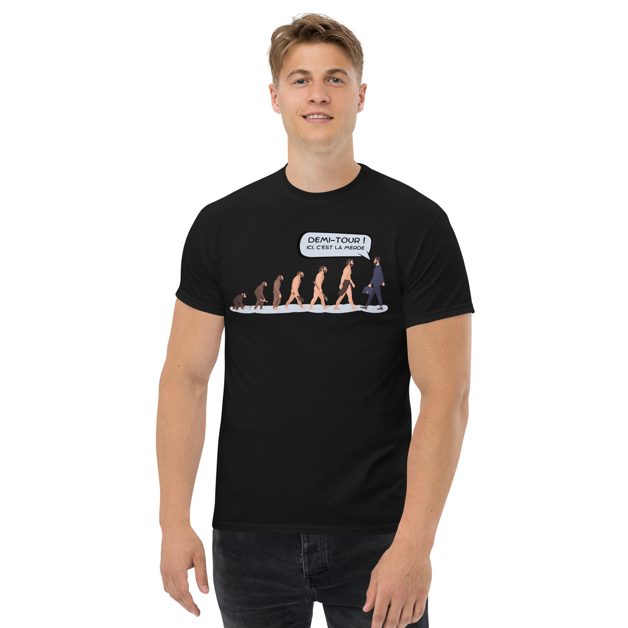 T-shirt humour évolution noir - Demi-tour ici c'est la merde
