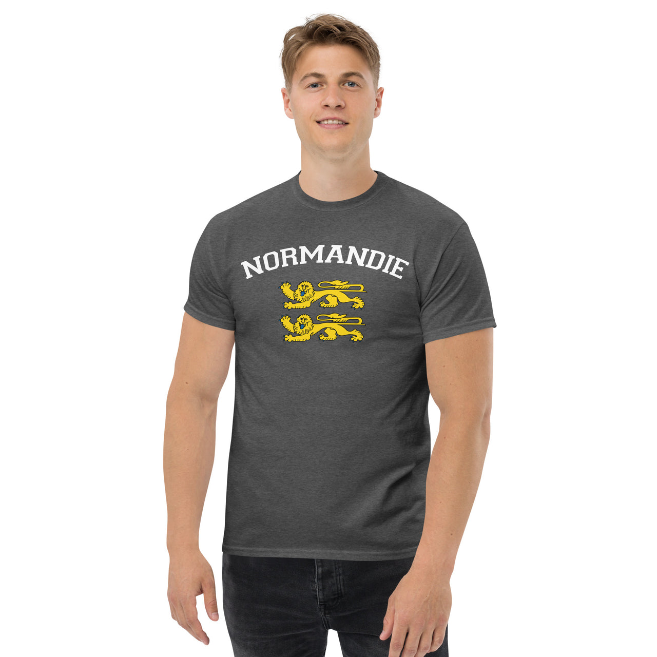 T-shirt Normandie vert militaire - Deux lions léopardés style universitaire