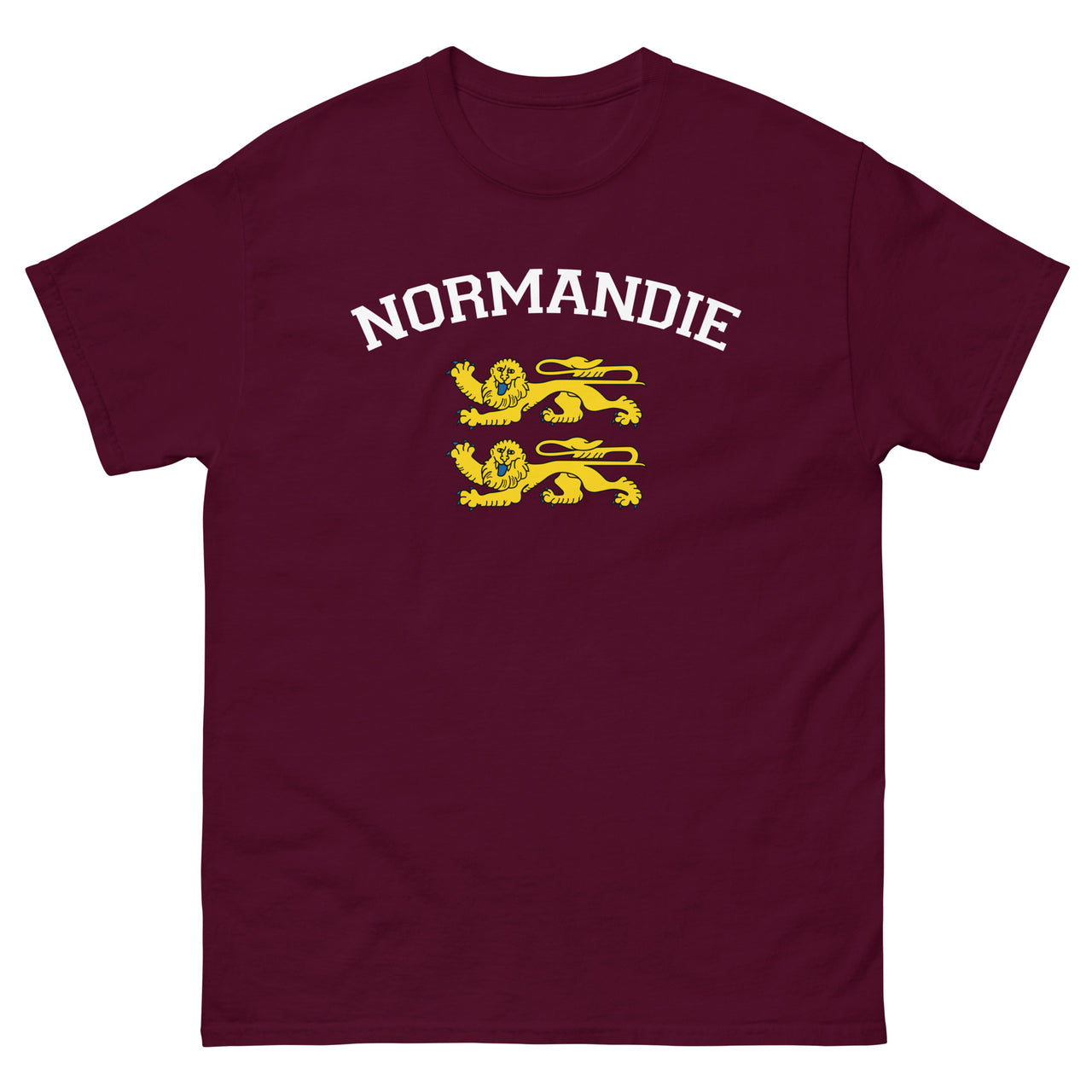 T-shirt Normandie bordeaux - Deux lions léopardés style universitaire