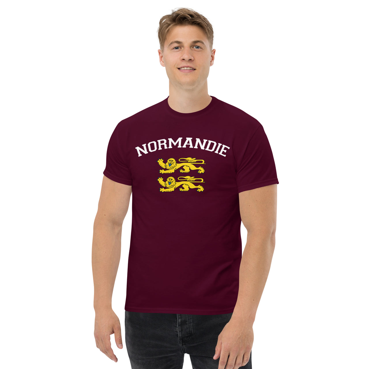 T-shirt Normandie noir - Deux lions léopardés style universitaire