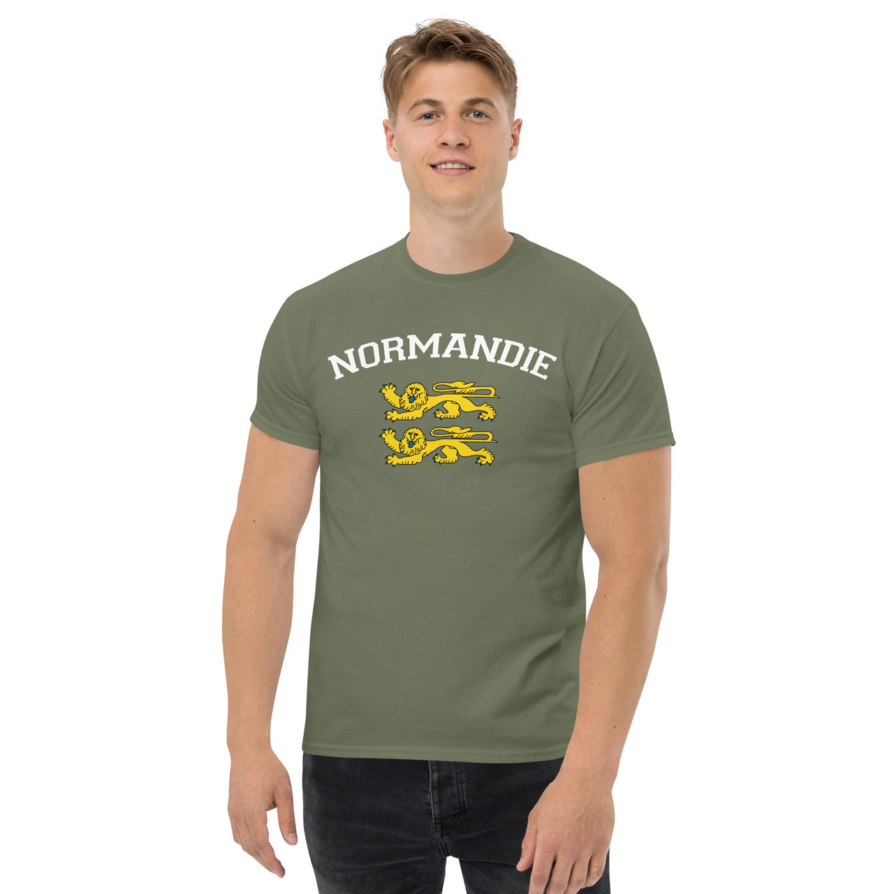 T-shirt Normandie noir face - Deux lions léopardés style universitaire