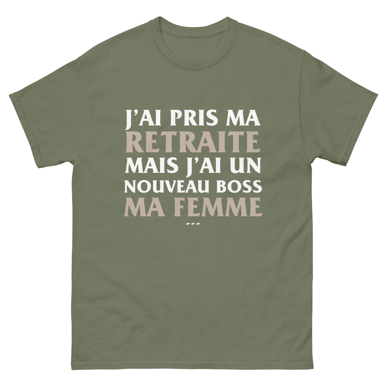 T-shirt Retraite vert militaire - Je suis à la retraite mais j'ai un nouveau boss