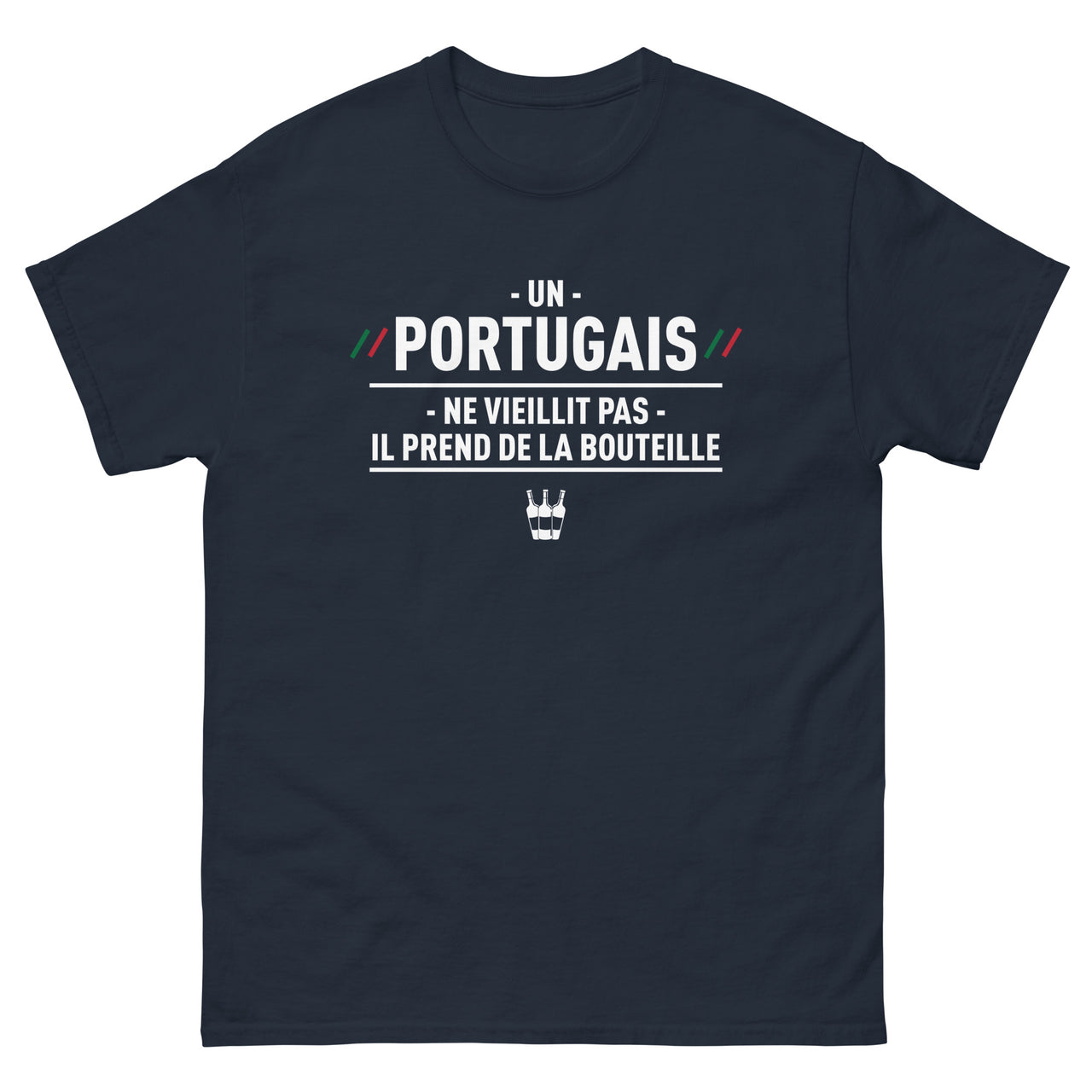 T-shirt Portugal bleu marine dos - Un Portugais ne vieillit pas, il prend de la bouteille