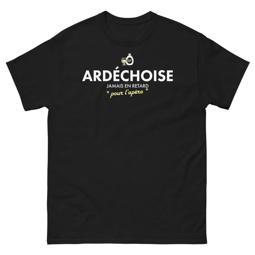 T-shirt Ardèche noir - Jamais en retard pour l'apéro