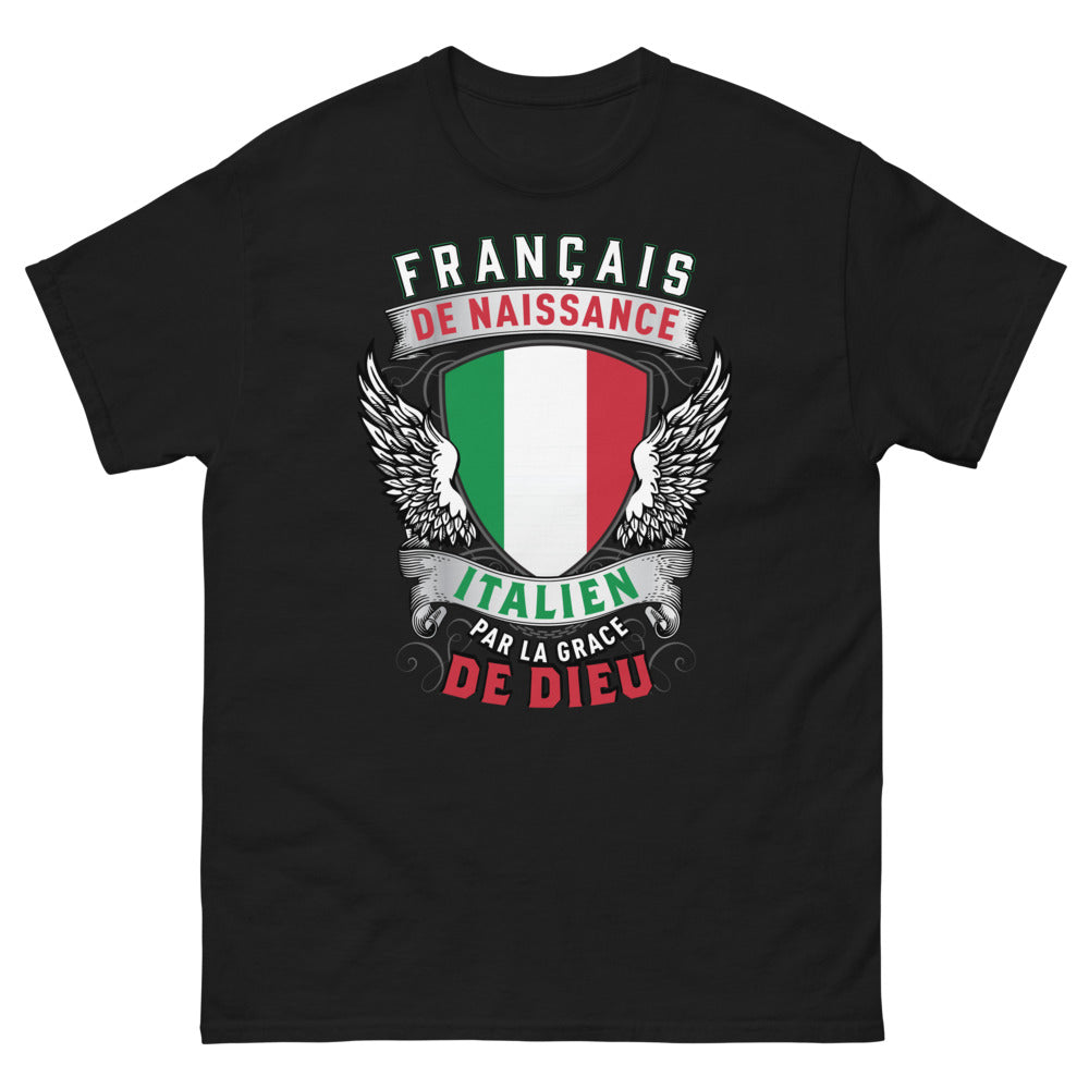 T-shirt Français noir - Français de Naissance, Italien par la Grâce de Dieu