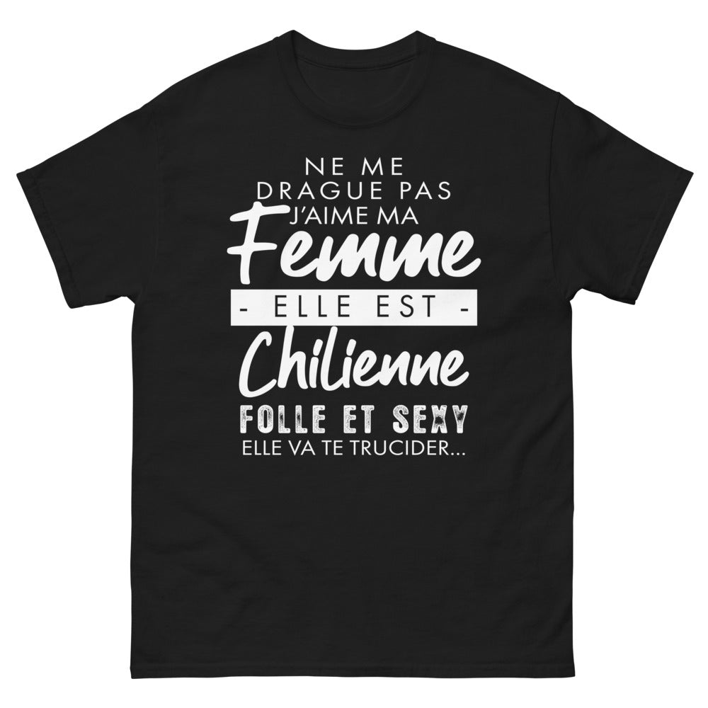 T-shirt Chili noir - Protégé par ma femme, humour et fierté