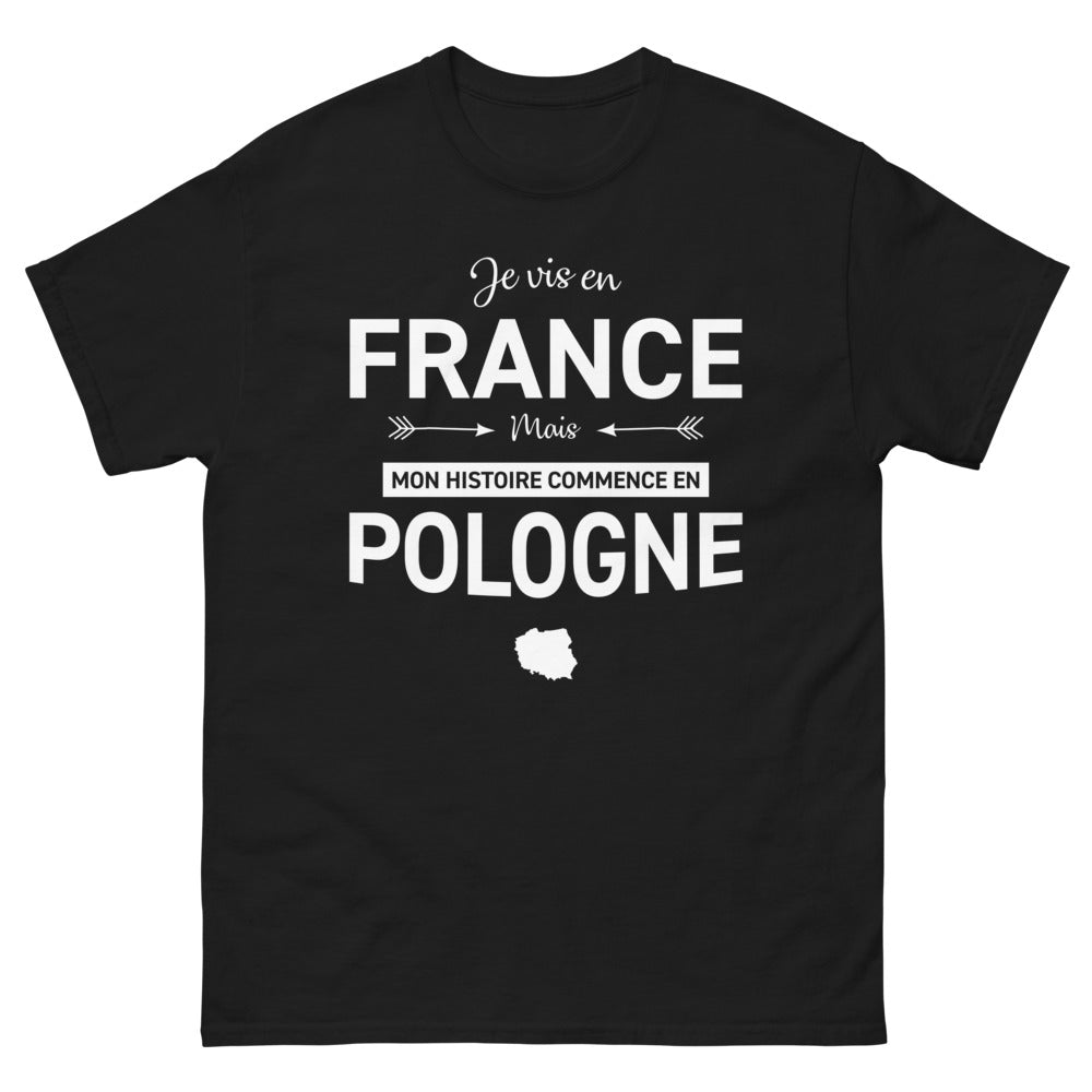 T-shirt Pologne noir - Je vis en France mais mon histoire commence