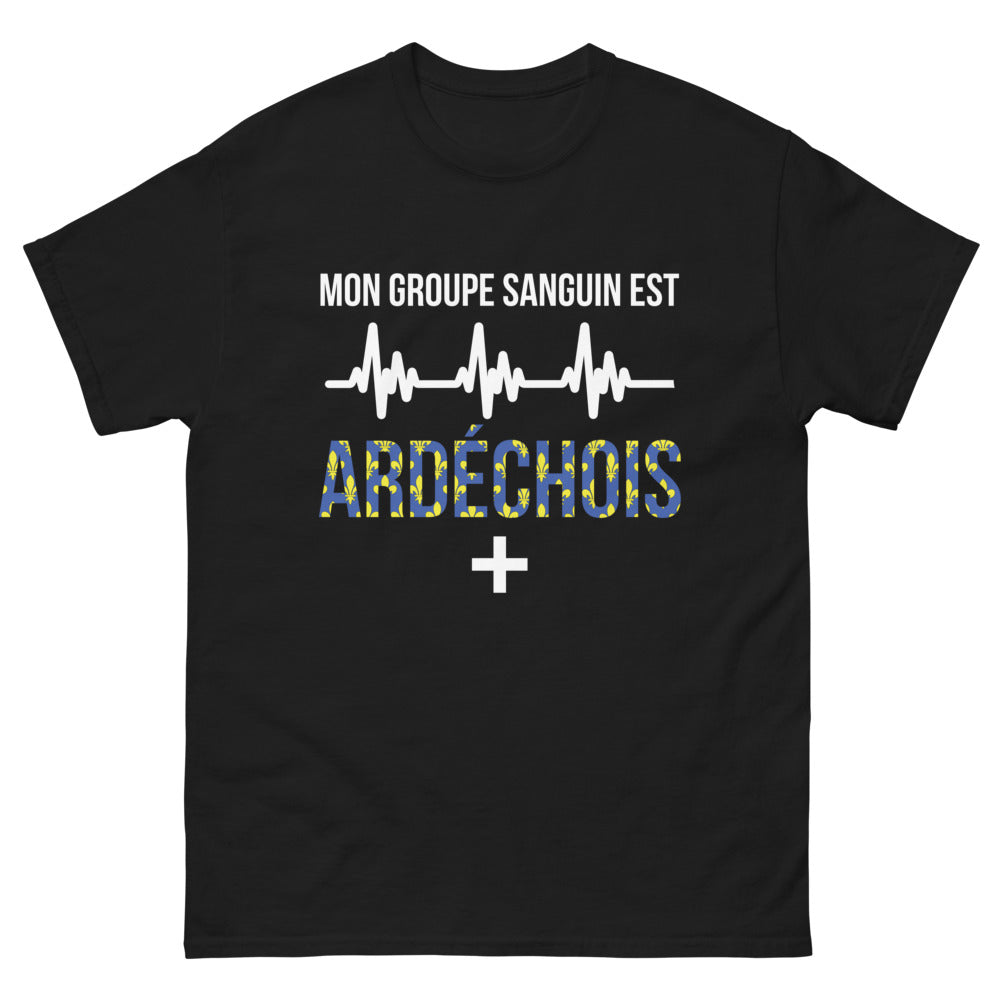 T-shirt Ardèche noir - Mon groupe sanguin est Ardéchois
