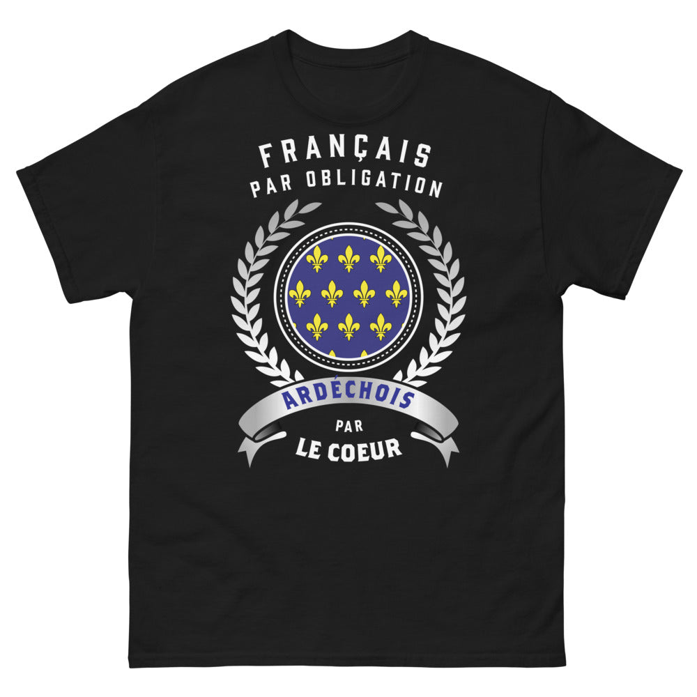 T-shirt Ardèche noir - Français par obligation, Ardéchois par cœur