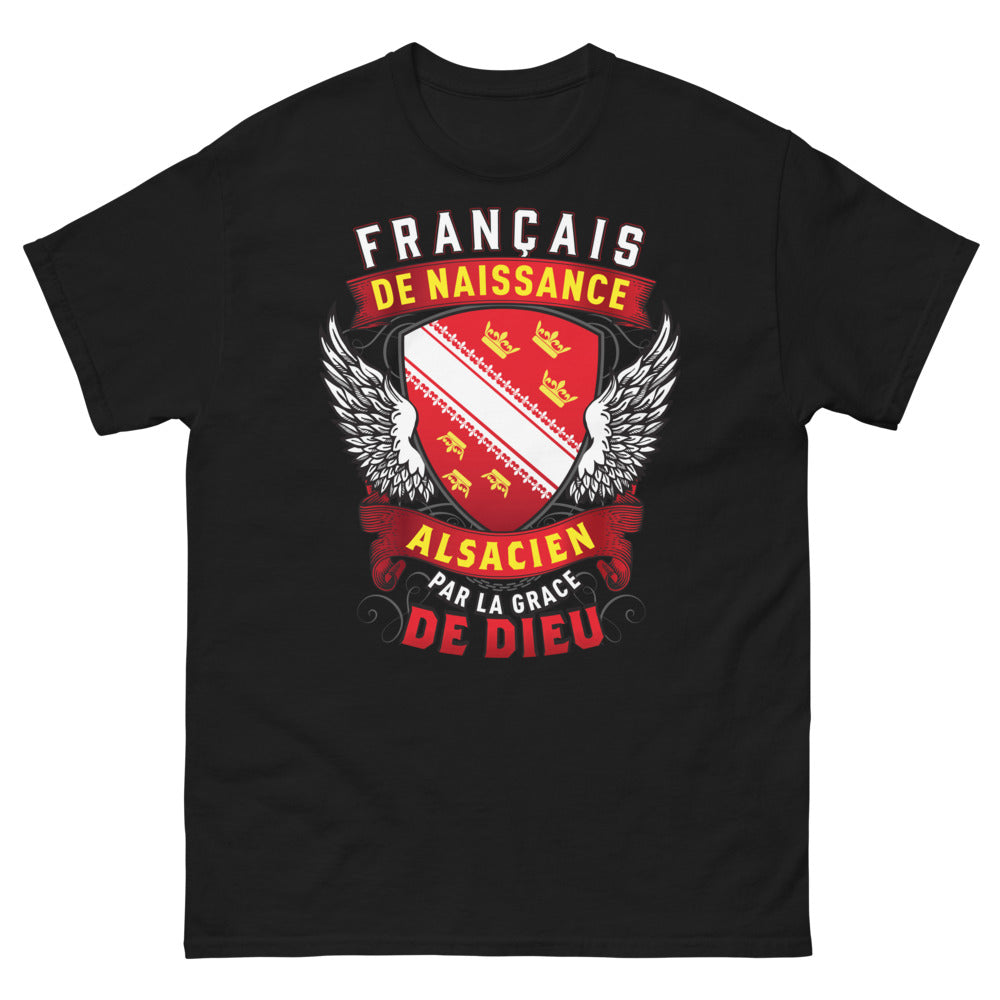 T-shirt Alsace noir - Français de naissance, Alsacien par la grâce de Dieu