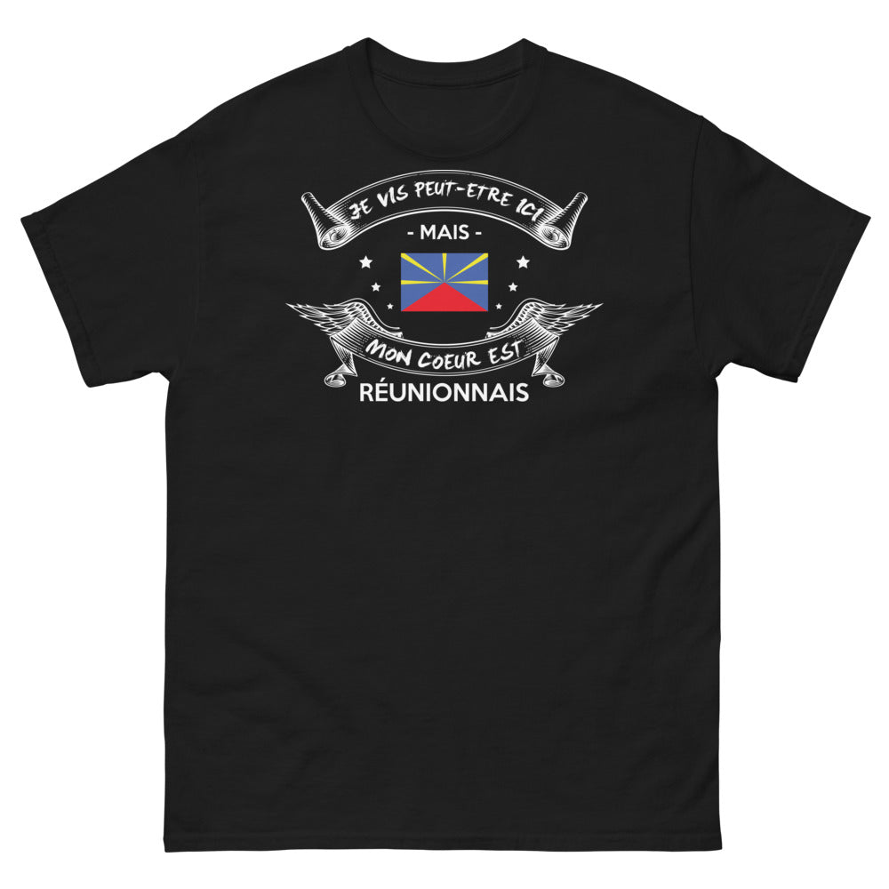T-shirt Réunion noir - Je vis ici mais mon cœur est Réunionnais