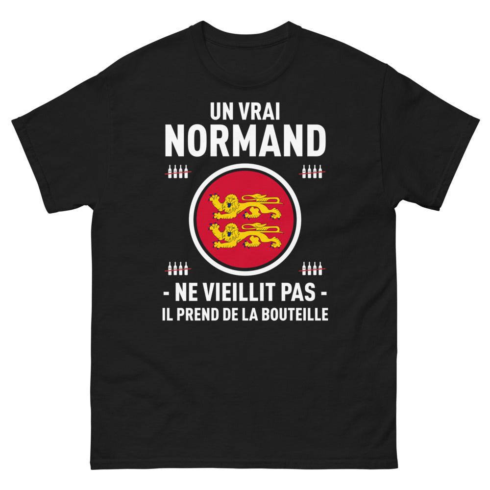 T-shirt Normand noir - Un vrai Normand ne vieillit pas, il prend de la bouteille