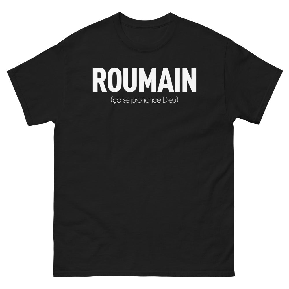 T-shirt Roumain noir - On prononce Dieu avec humour