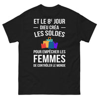 Thumbnail for T-shirt féministe noir - et le 8e jour, Dieu créa les soldes