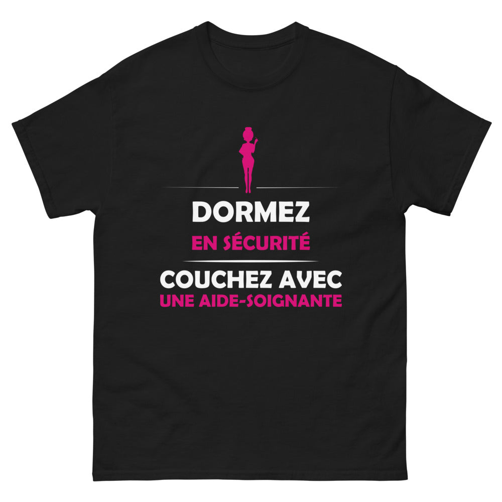 T-shirt Aide-Soignante noir - Dormez en sécurité, couchez avec une aide-soignante