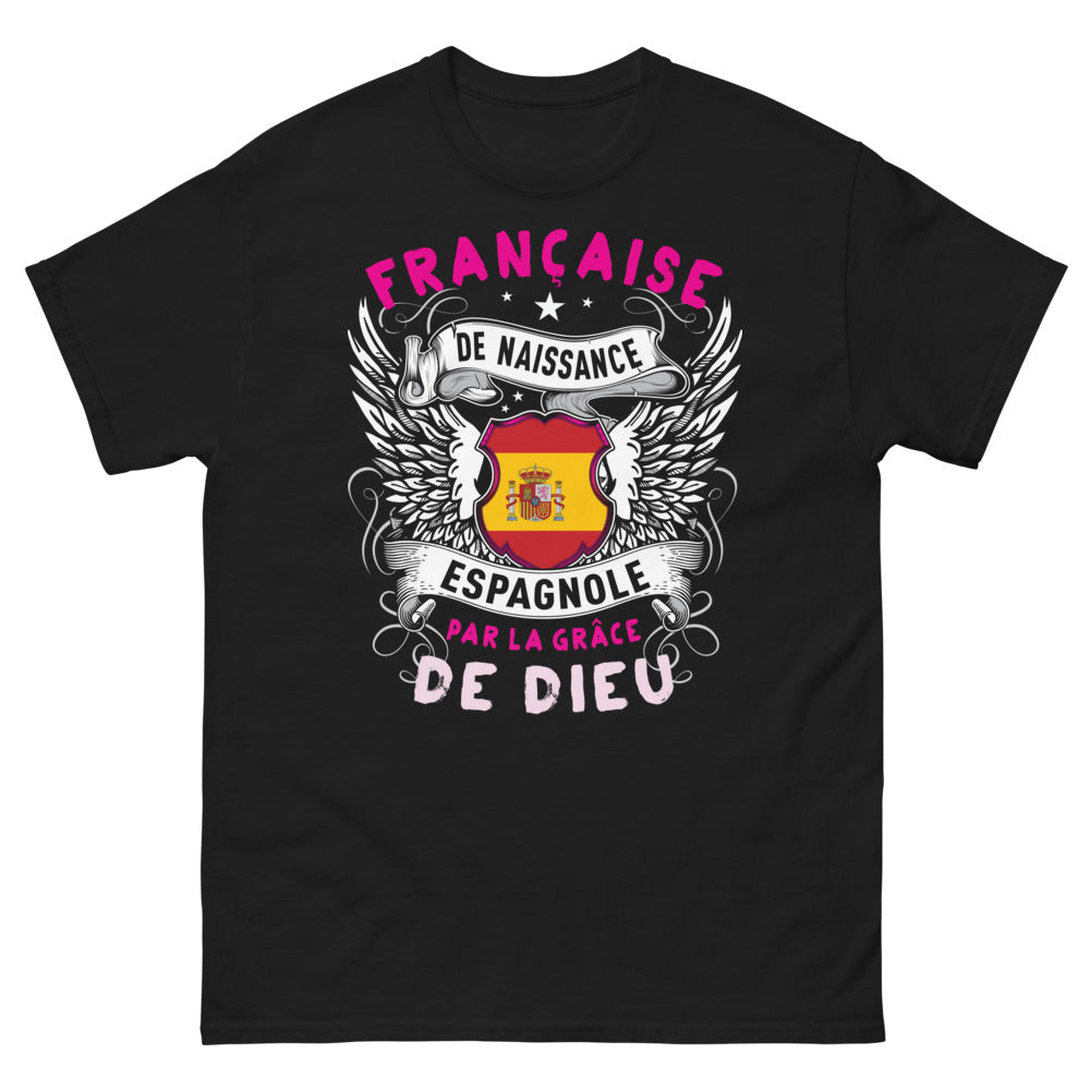 T-shirt France Espagne noir - Française de naissance, Espagnole par la grâce de Dieu