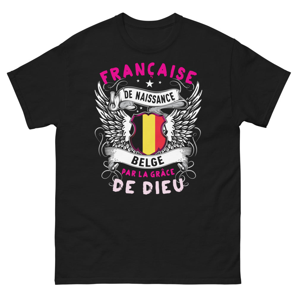 T-shirt franco-belge noir - Française de naissance, Belge par la grâce de Dieu