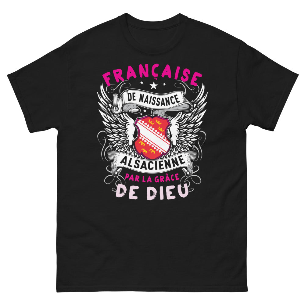 T-shirt Alsace noir - Française de naissance, Alsacienne par la grâce de Dieu