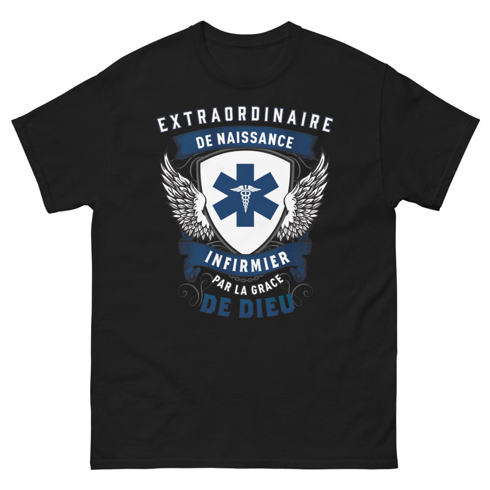 T-shirt infirmier noir - Extraordinaire de naissance, grâce de Dieu