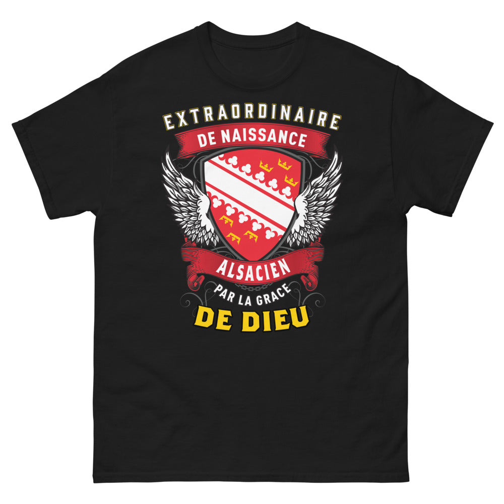 T-shirt Alsace noir - Alsacien de naissance, par la grâce de Dieu