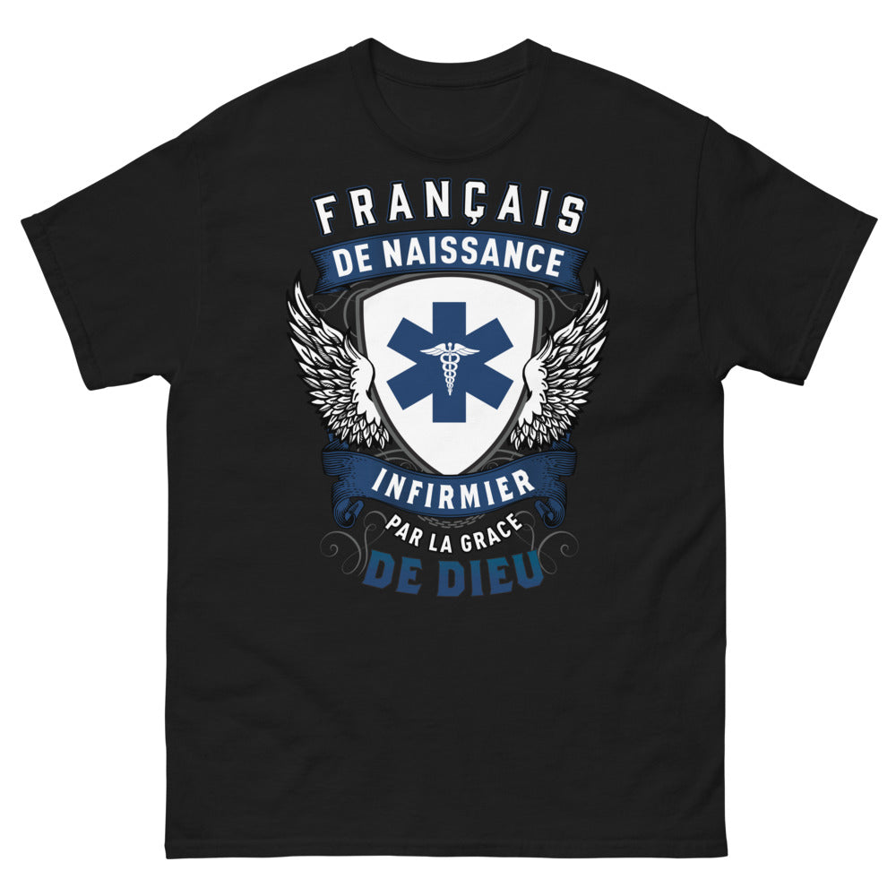 T-shirt infirmier français noir - Français de naissance, par la grâce de Dieu