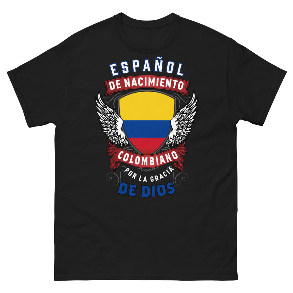 T-shirt Espagne Colombie noir - Español de Nacimiento, Colombiano por la Gracia de Dios