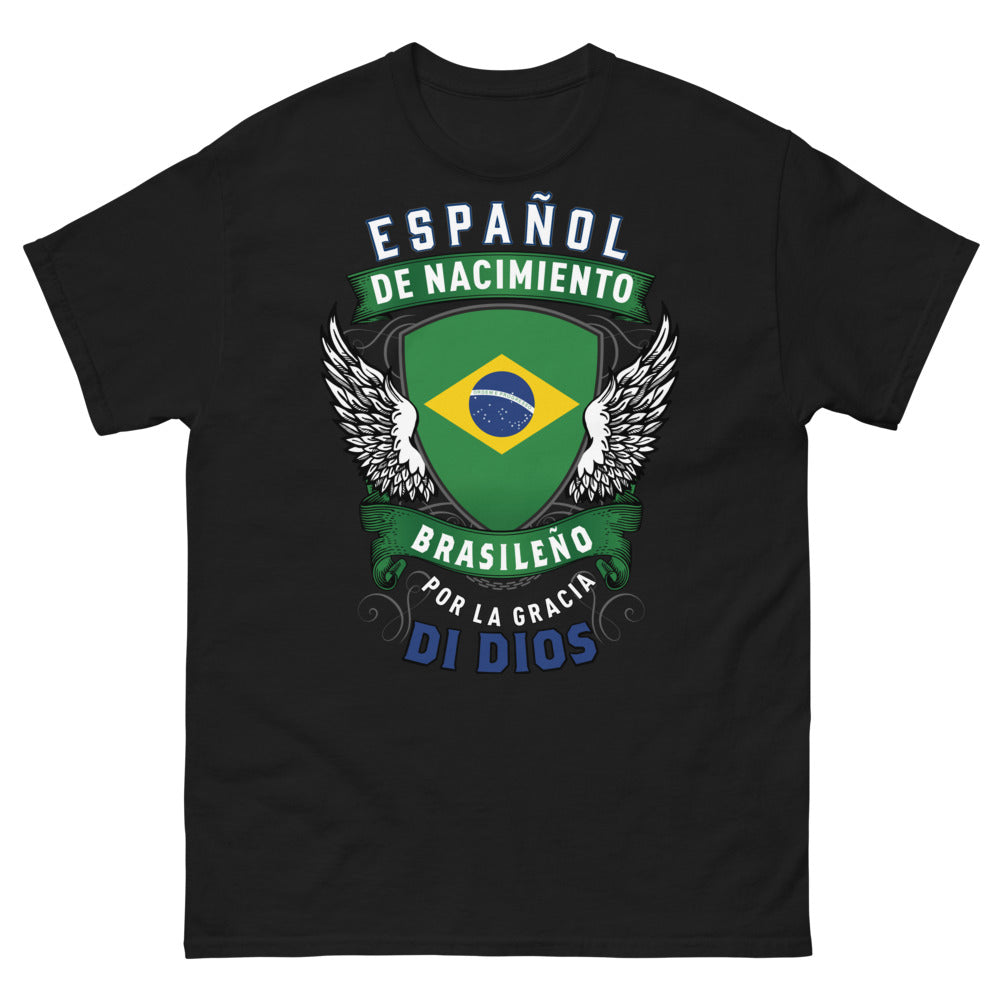 T-shirt Espagne & Brésil noir - Español por Nacimiento, Brasileño por la Gracia de Dios
