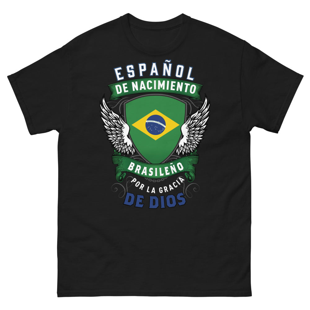 T-shirt Espagne Brésil noir - Español de Nacimiento, Brasileño por la Gracia de Dios
