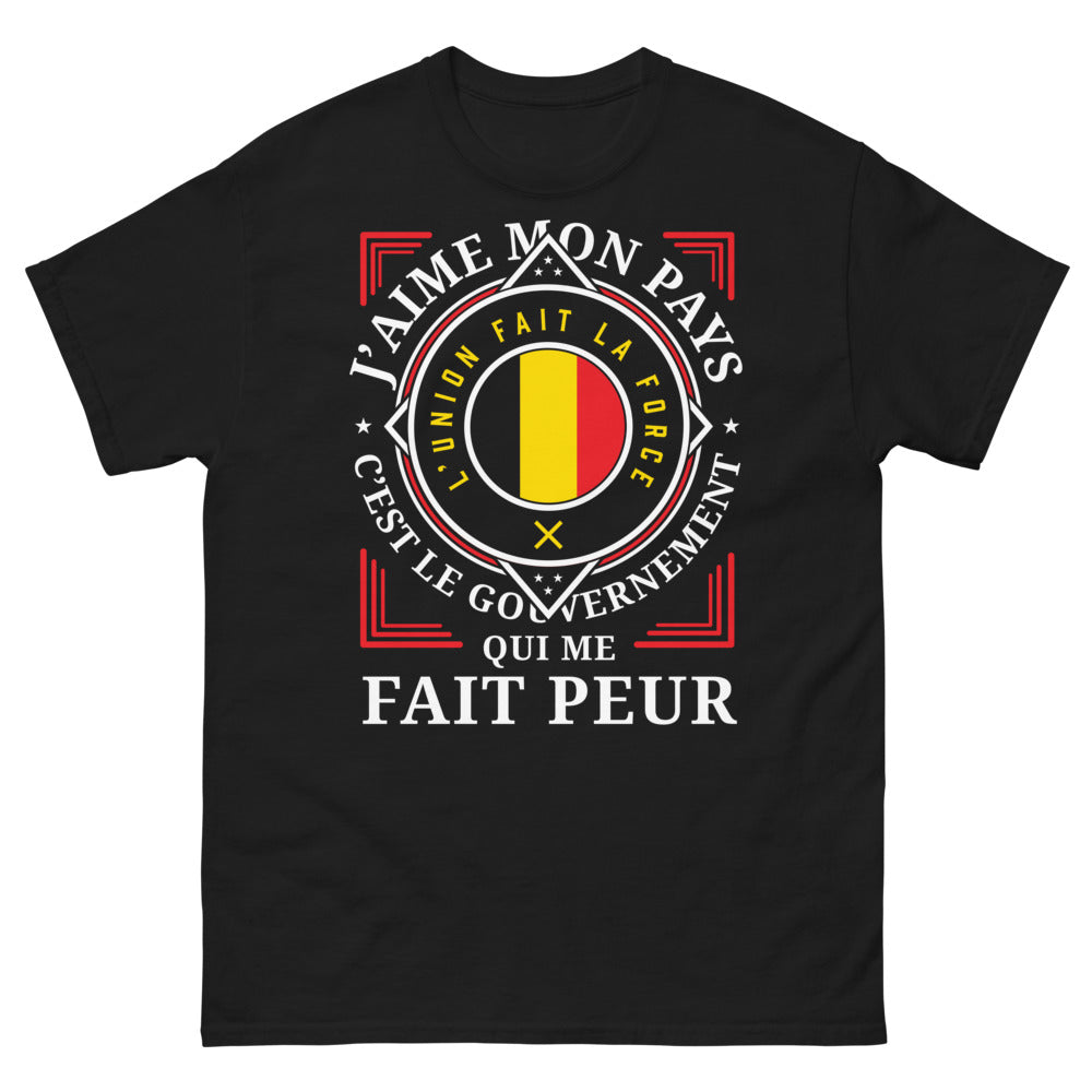 T-shirt France noir - J'aime mon pays, l'union fait la force, c'est le gouvernement qui me fait peur