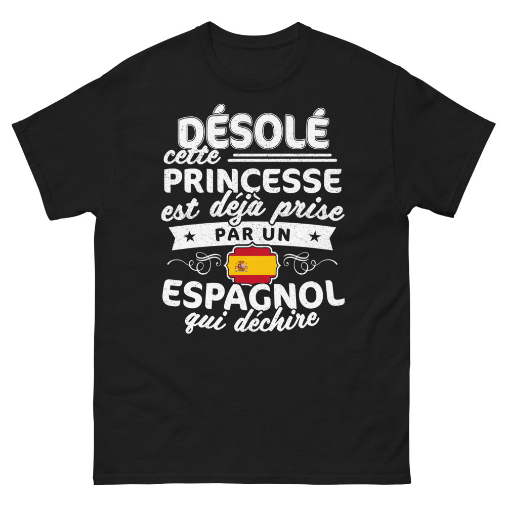 T-shirt espagnol noir - Désolé princesse déjà prise par un Espagnol qui déchire