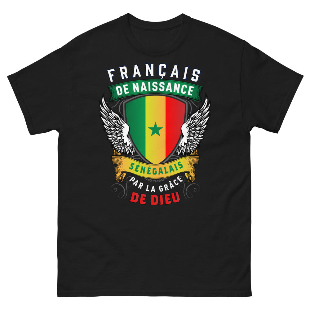 T-shirt France Sénégal noir - Français de naissance, Sénégalais par la grâce de Dieu