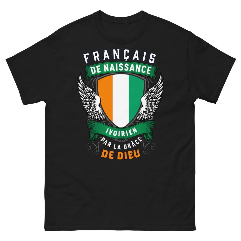 T-shirt franco-ivoirien noir - Français de naissance, Ivoirien par la grâce de Dieu