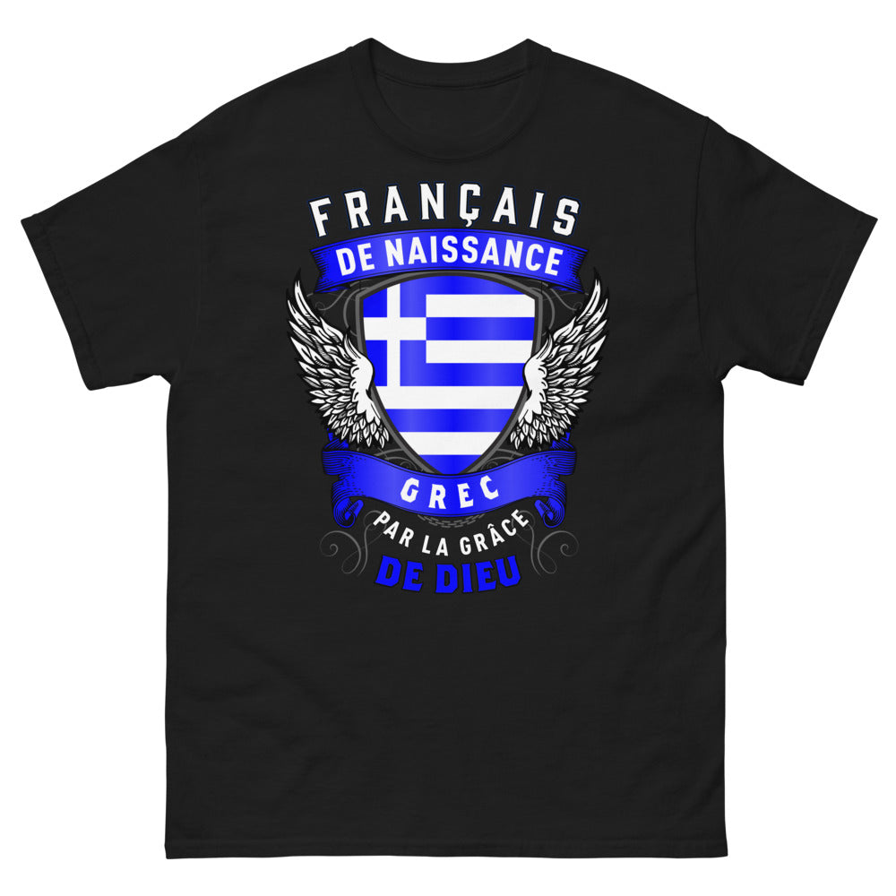 T-shirt France Grèce noir - Français de naissance, Grec par la grâce de Dieu