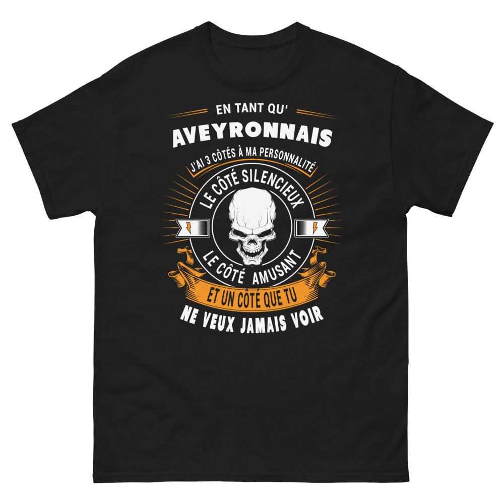 T-shirt Aveyronnais noir - 3 côtés: silencieux, amusant, à ne pas provoquer
