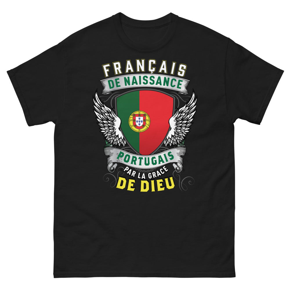 T-shirt Français/Portugais noir - Français de naissance, Portugais par la Grâce de Dieu
