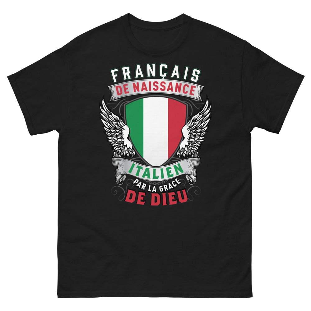 T-shirt Franco-italien Noir - Français de naissance, Italien par la grâce de Dieu