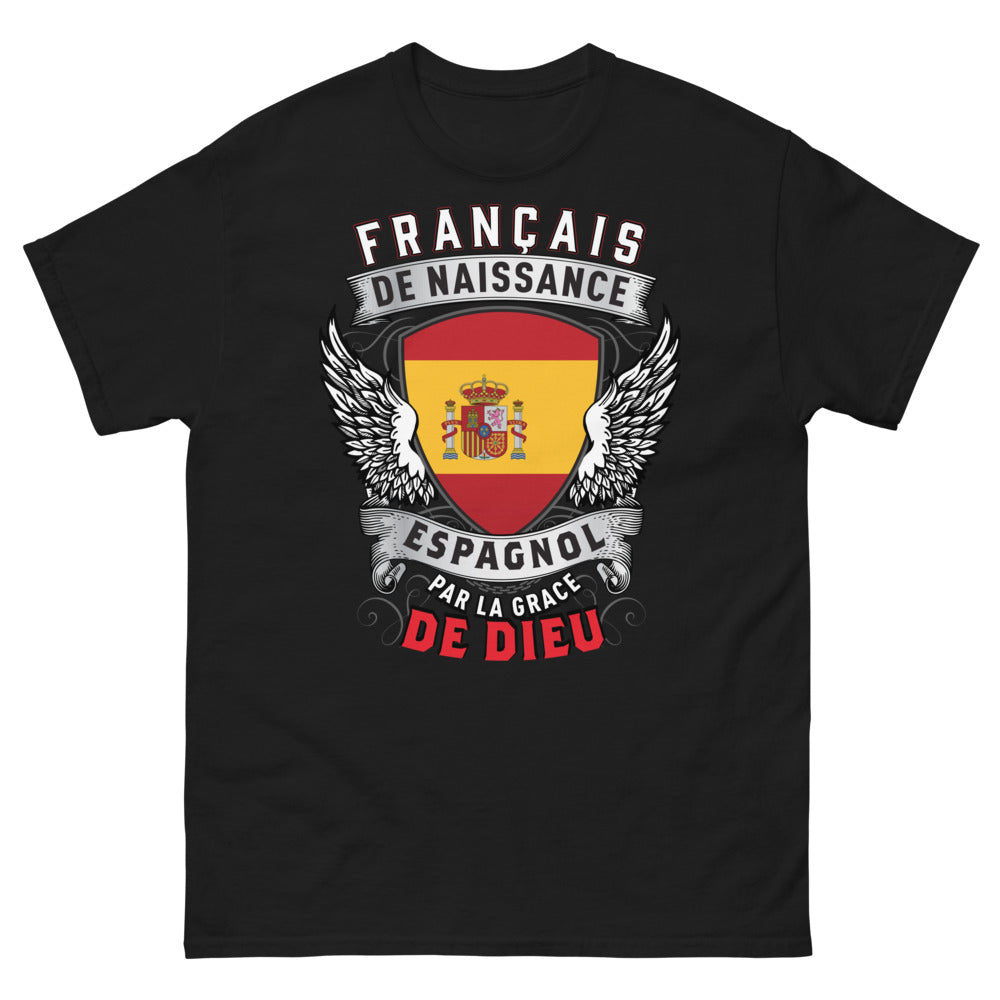 T-shirt Français/Espagnol noir - Français de naissance, Espagnol par la grâce de Dieu
