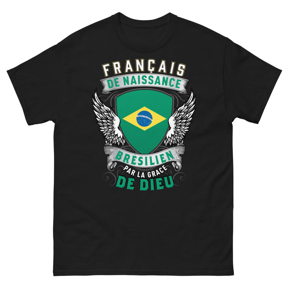 T-shirt Franco-brésilien noir - Français de naissance, Brésilien par la grâce de Dieu
