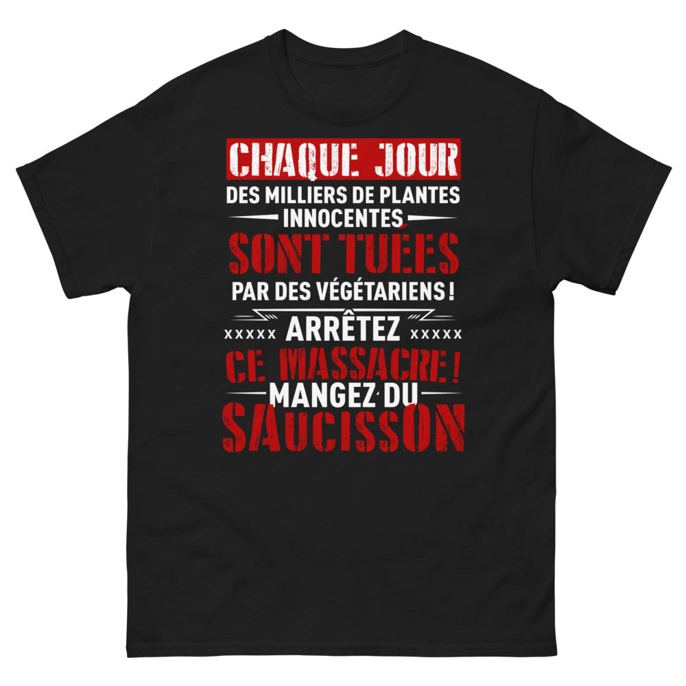 T-shirt Anti-végétarien noir - Arrêtez ce massacre, mangez du saucisson
