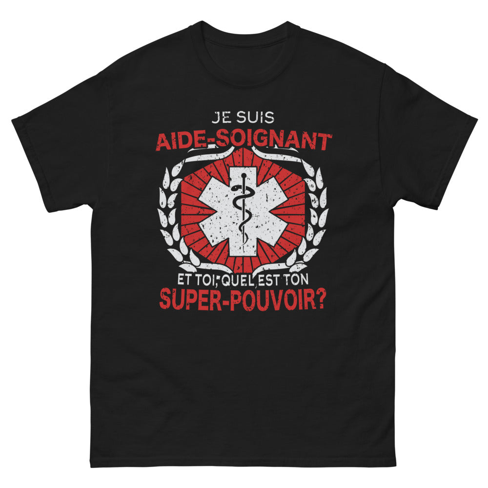 T-shirt Aide-soignant noir - Quel est ton super pouvoir ?