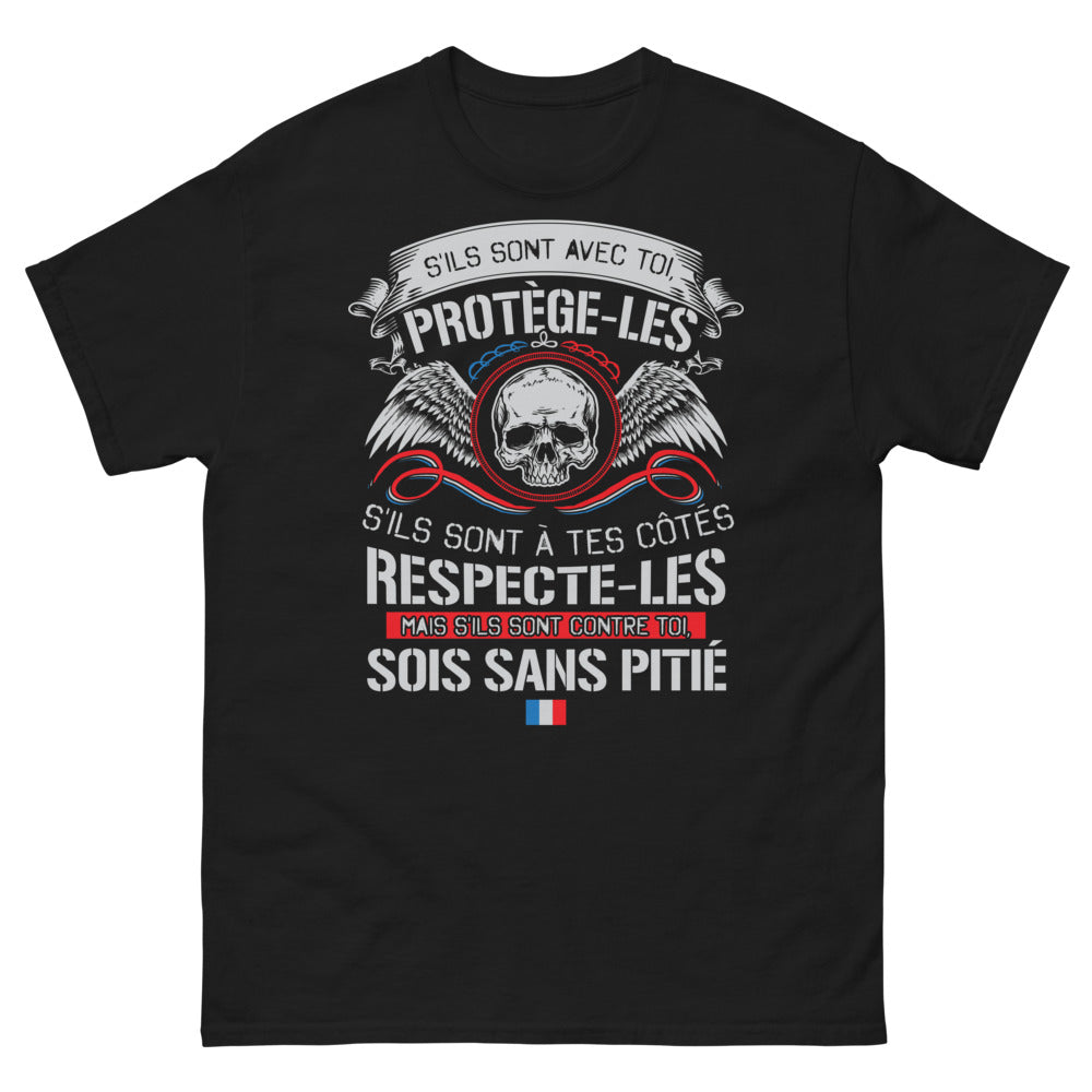 T-shirt Slogan inspirant noir - Protège-les; respecte-les; sois sans pitié