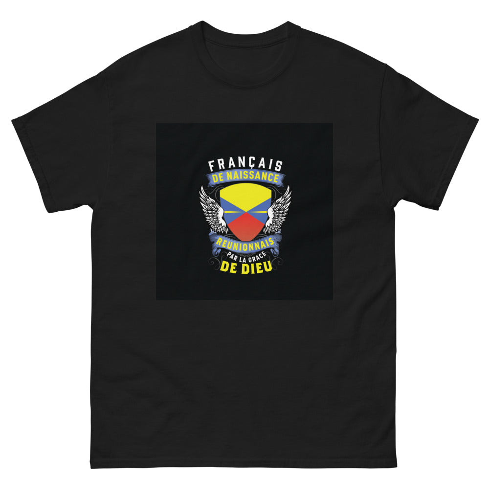 T-shirt Réunionnais noir - Français de naissance, Réunionnais par la Grâce de Dieu