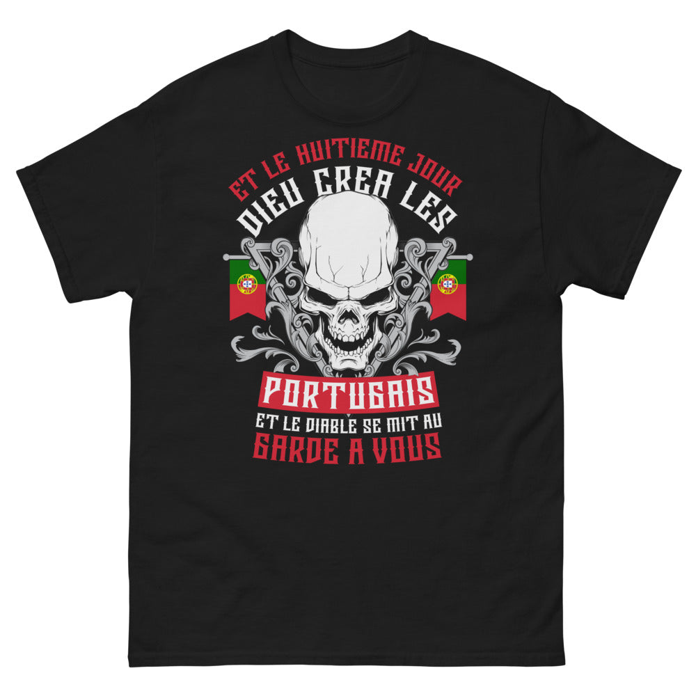 T-shirt Portugais noir - Dieu créa les Portugais, slogan malicieux