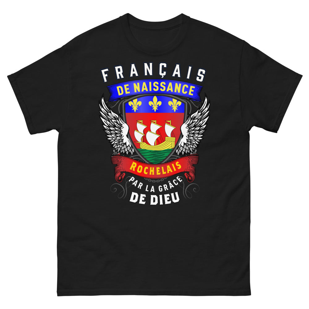 T-shirt Rochelais noir - Français de naissance, slogan humoristique